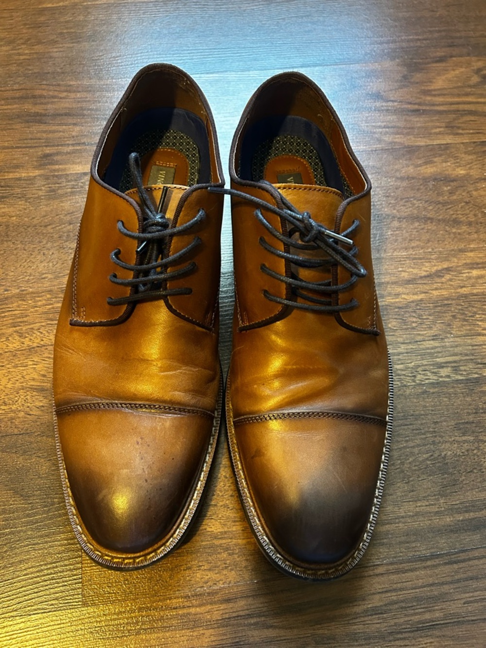 Vince Camuto Tan and Dark Brown Leather Cap-Toe Derby Shoes